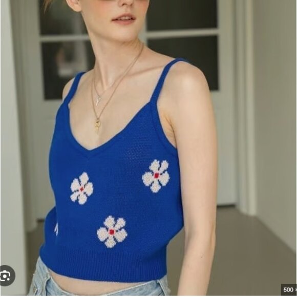 90's Y2K  Knit Cropped Tank Cami with Floral Pattern in Bright Blue Sz Small - Picture 2 of 7